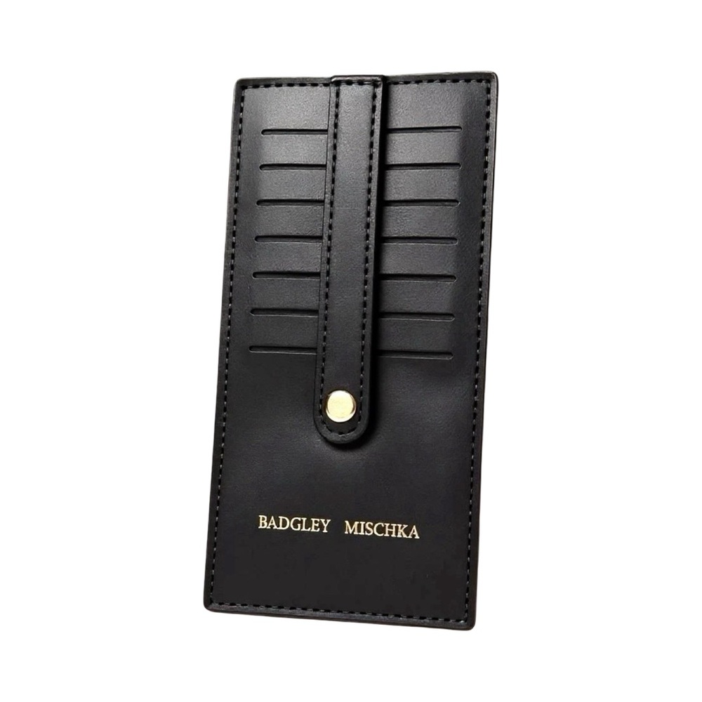 Badgley Mischka Black Leather Card Holder – Slim Luxe Organizer w/ Gold Detail